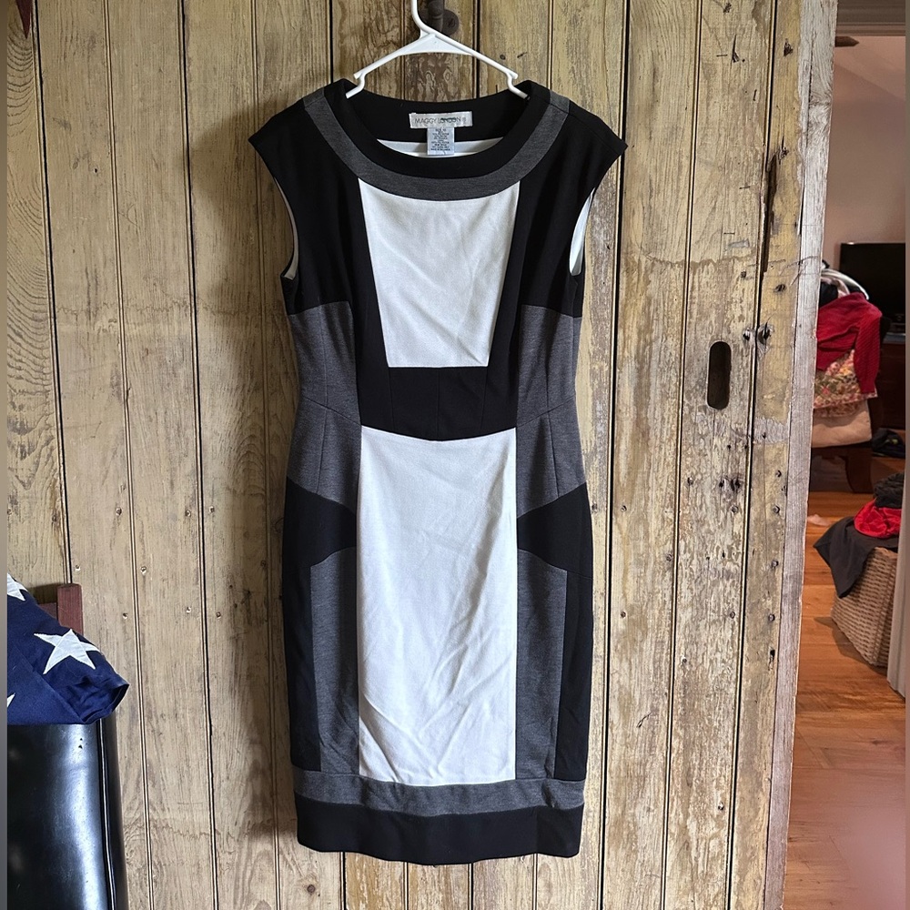 Maggy London Black, White, and Gray Geometric Midi Dress